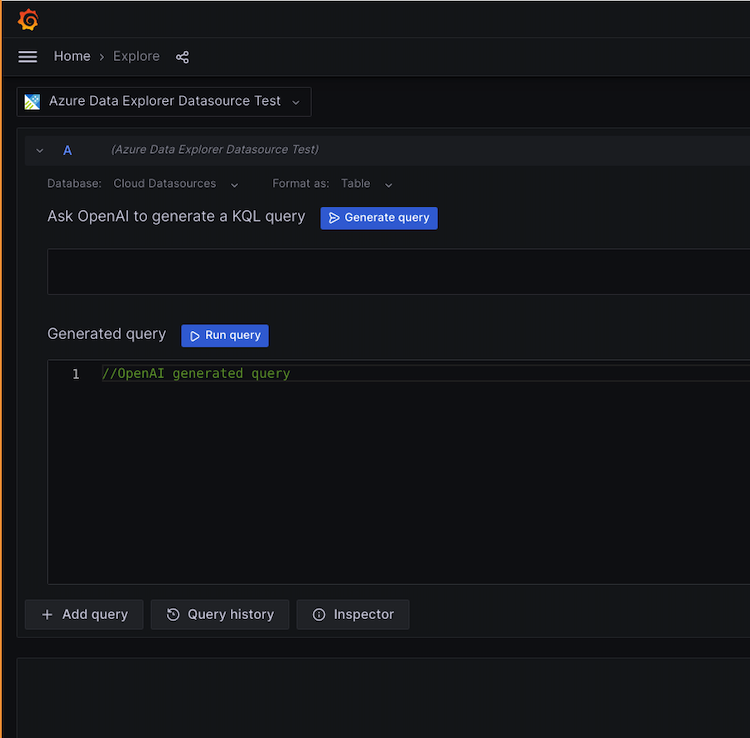 *In the Azure Data Explorer (ADX) plugin in Grafana, we integrated OpenAI in the query editor via a prompt input on top of our traditional query editor.* Screenshot of how AI works in Azure Data Explorer plugin in Grafana.