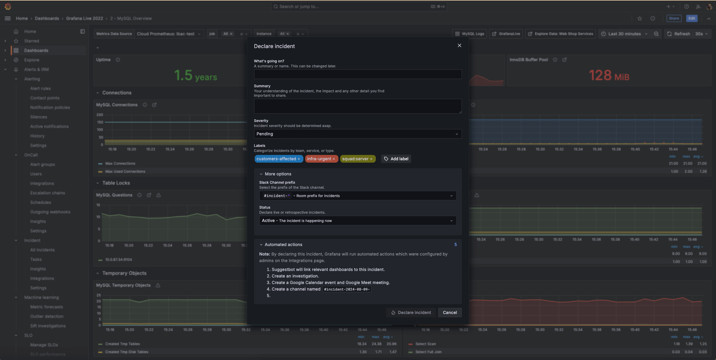 Declare incident UI in Grafana Incident