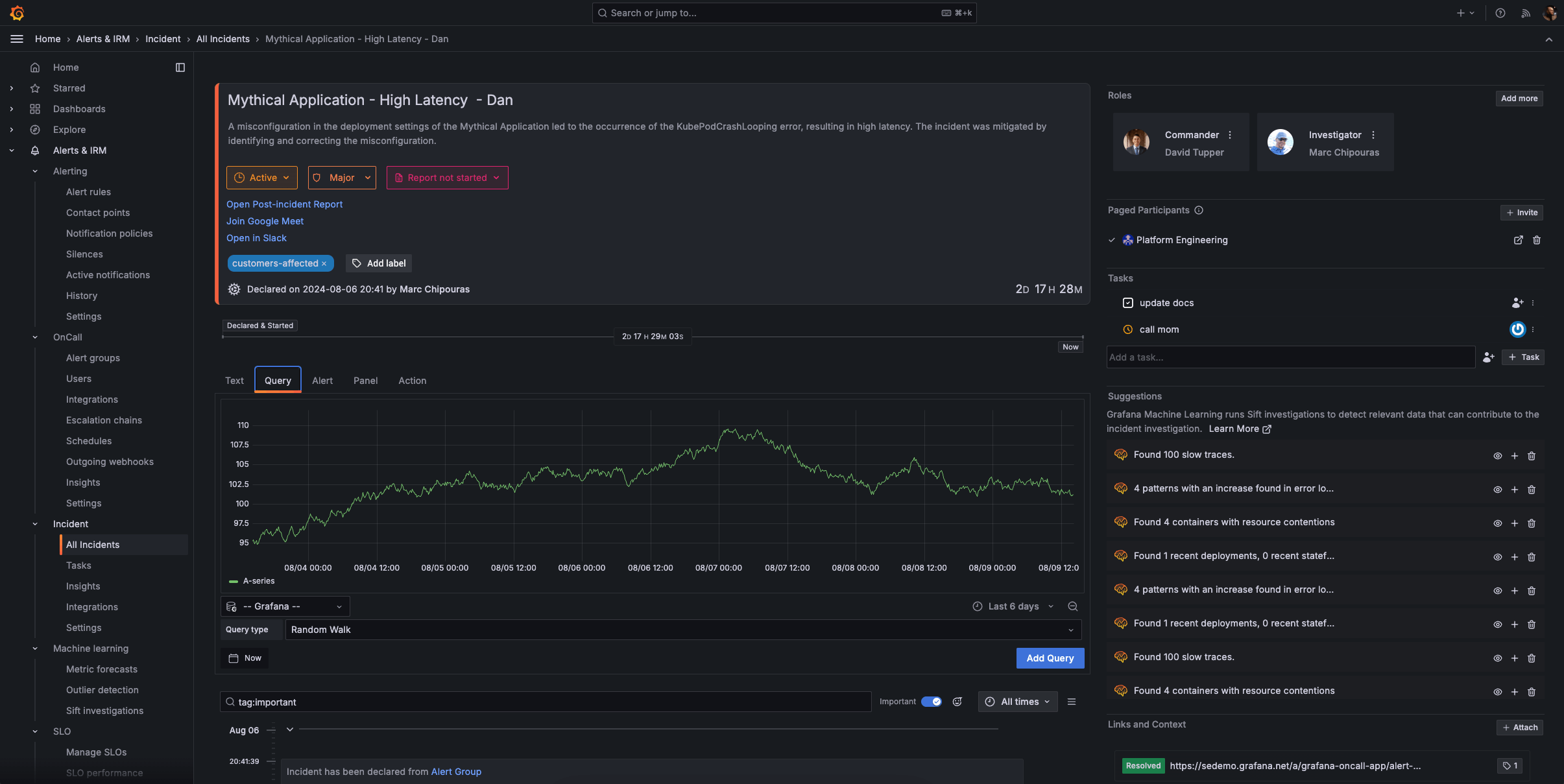 Incident timeline UI in Grafana Incident