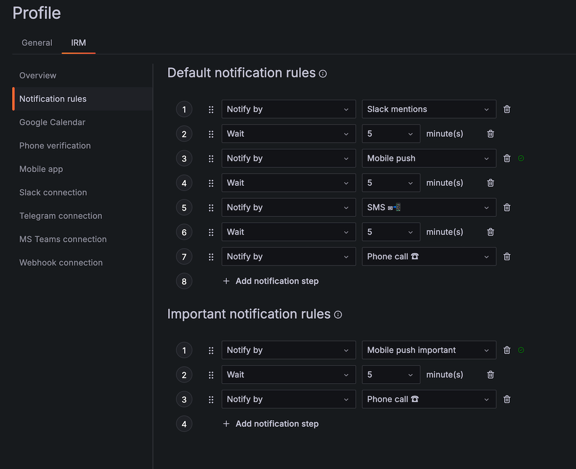 Grafana IRM personalized notifications UI