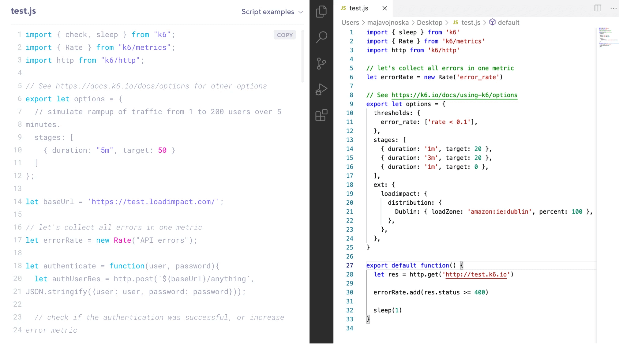 Screenshot of Javascript in Grafana Cloud k6