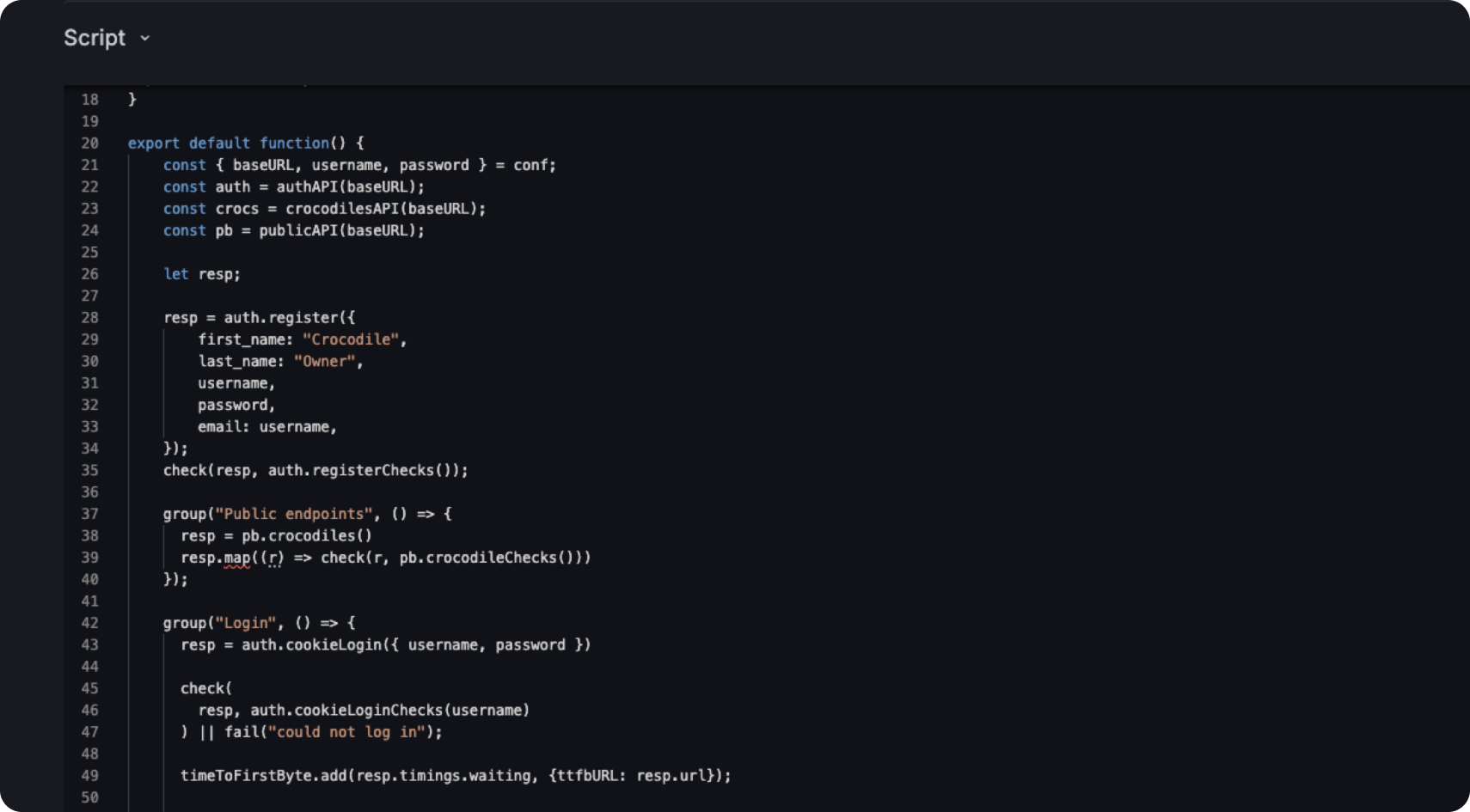 Example of a k6 test script in Grafana Cloud Synthetic Monitoring.