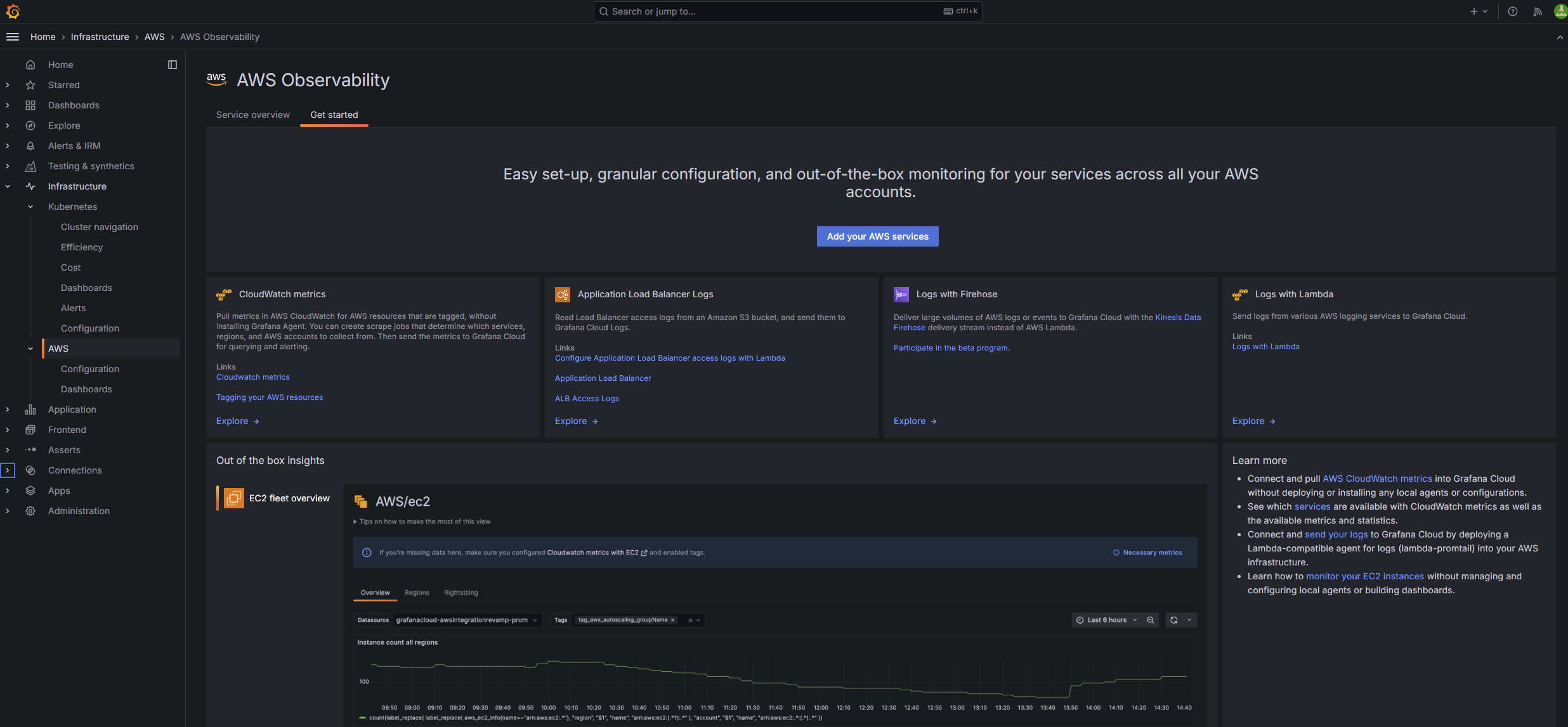 The getting started menu for the AWS Observability app