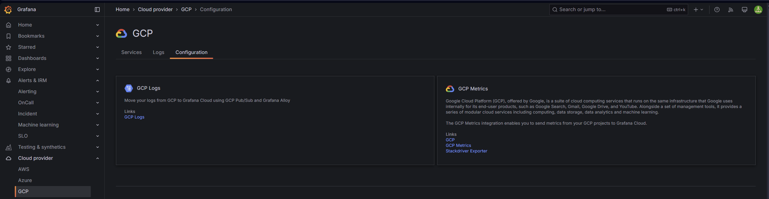 GCP configuration in Grafana Cloud