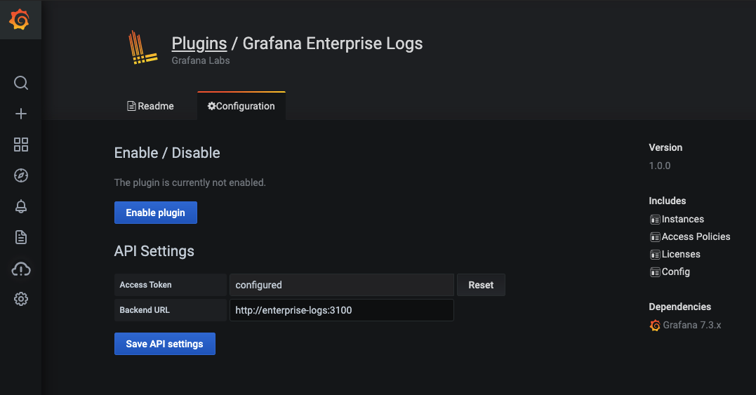 Configuration GEL plugin page Grafana plugin configuration page