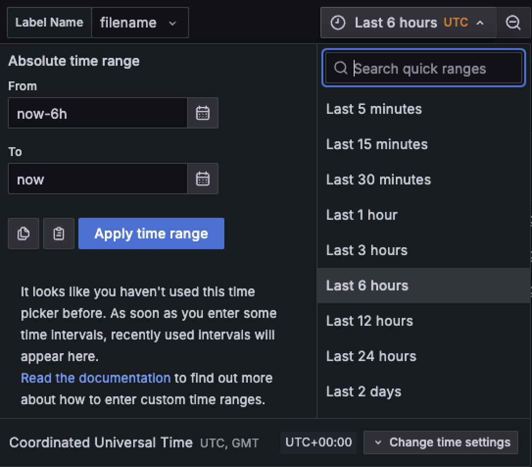 Screenshot of time selector on Grafana