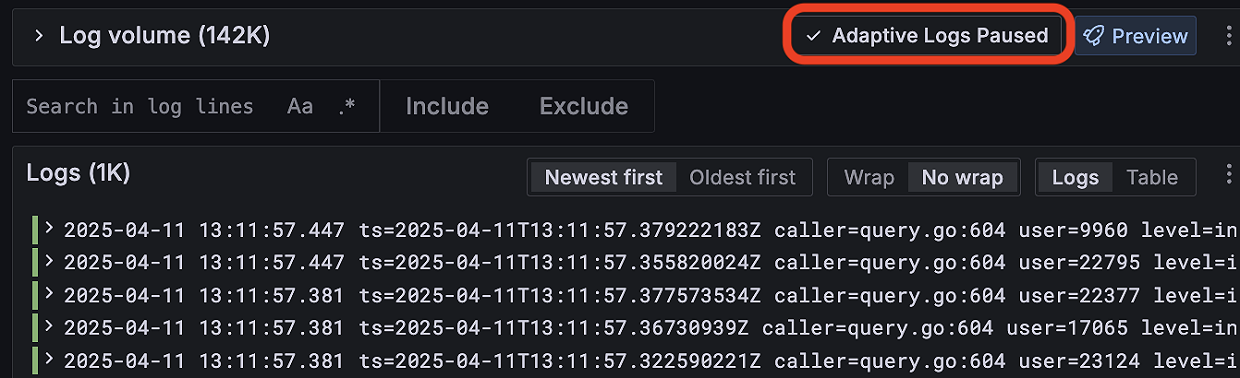 A screenshot showing where the Pause Adaptive Logs option  is featured in the Adaptive Logs UI.