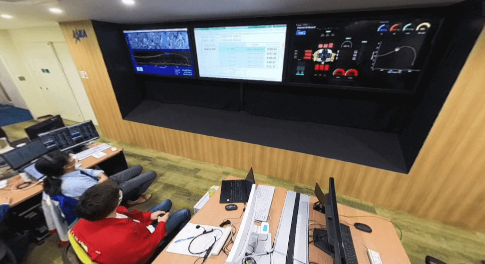 An image of two people in a control room looking at a wall-mounted monitor with a Grafana dashboard displayed on it.