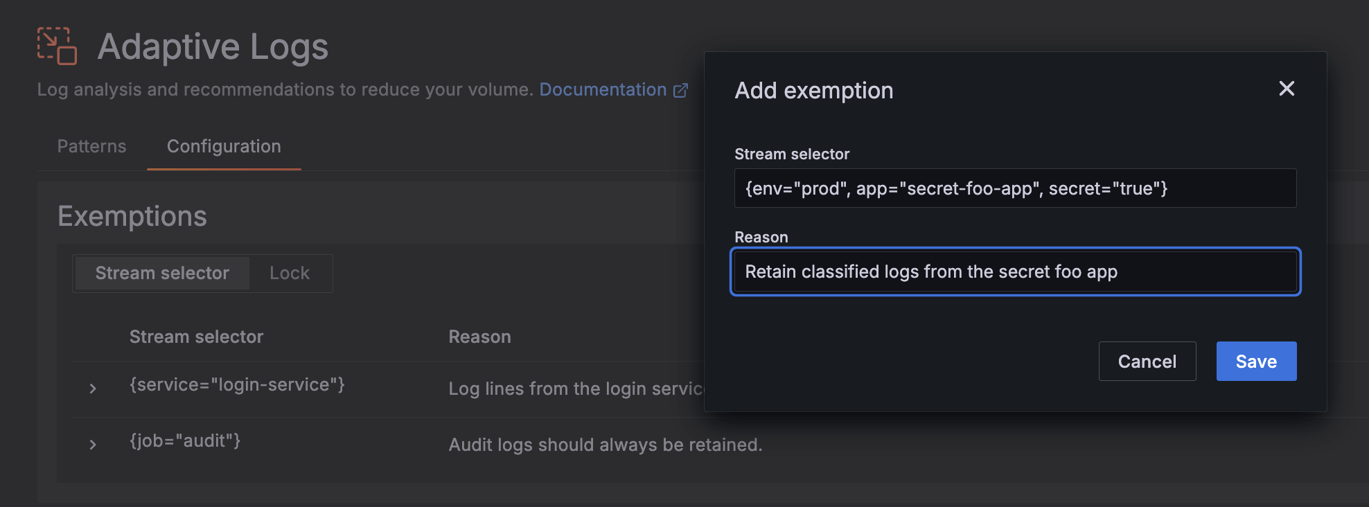 Add exemption menu in Adaptive Logs