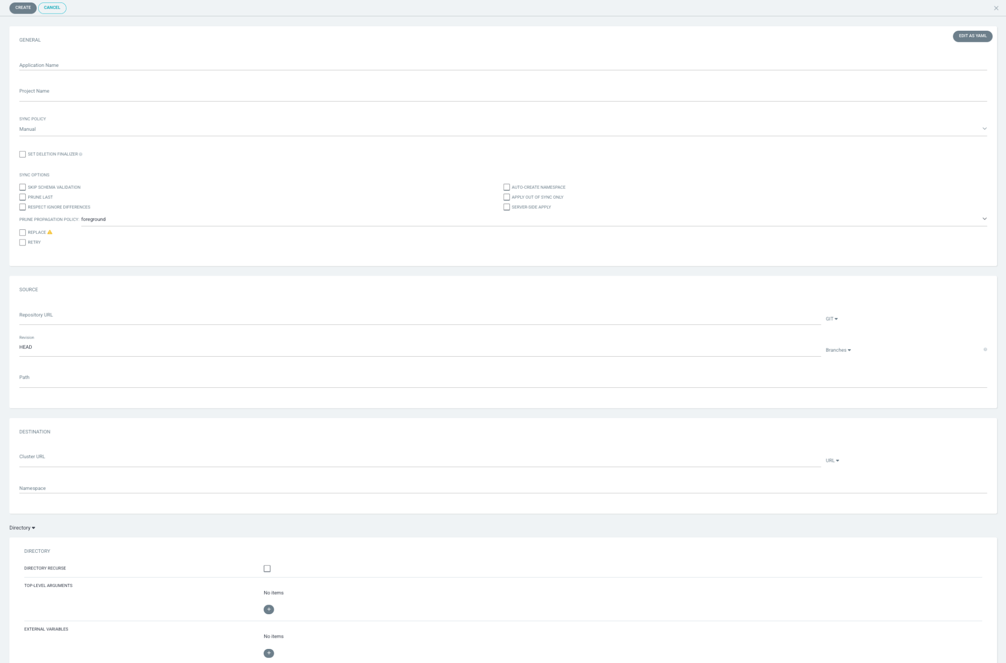 ArgoCD **New App** web interface. Screenshot of Argo CD web interface for creating a new app.