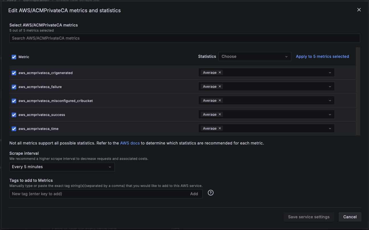 UI for selecting metrics