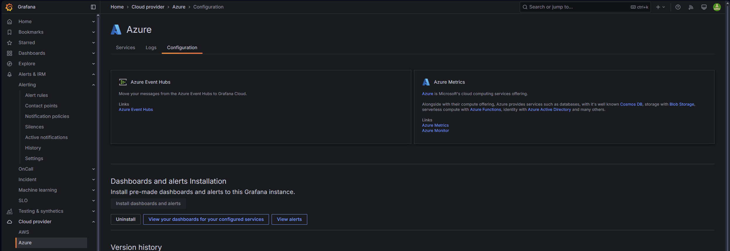 Configuration tab in the Azure Observability UI