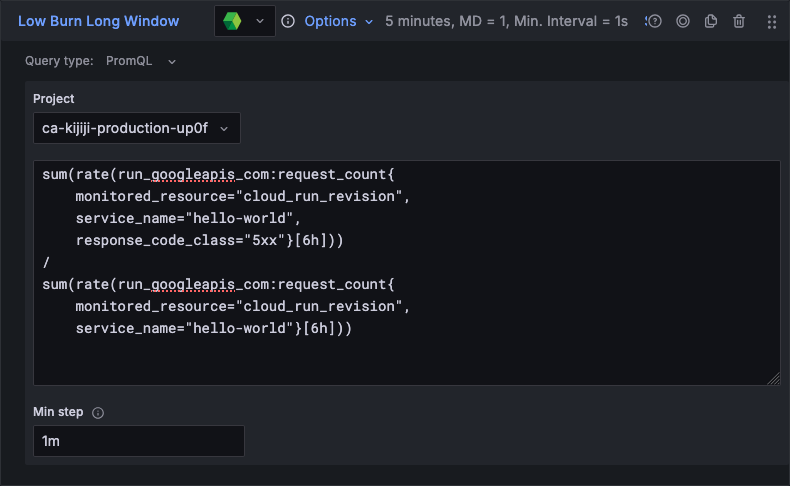 A screenshot of a low burn, long window alert.