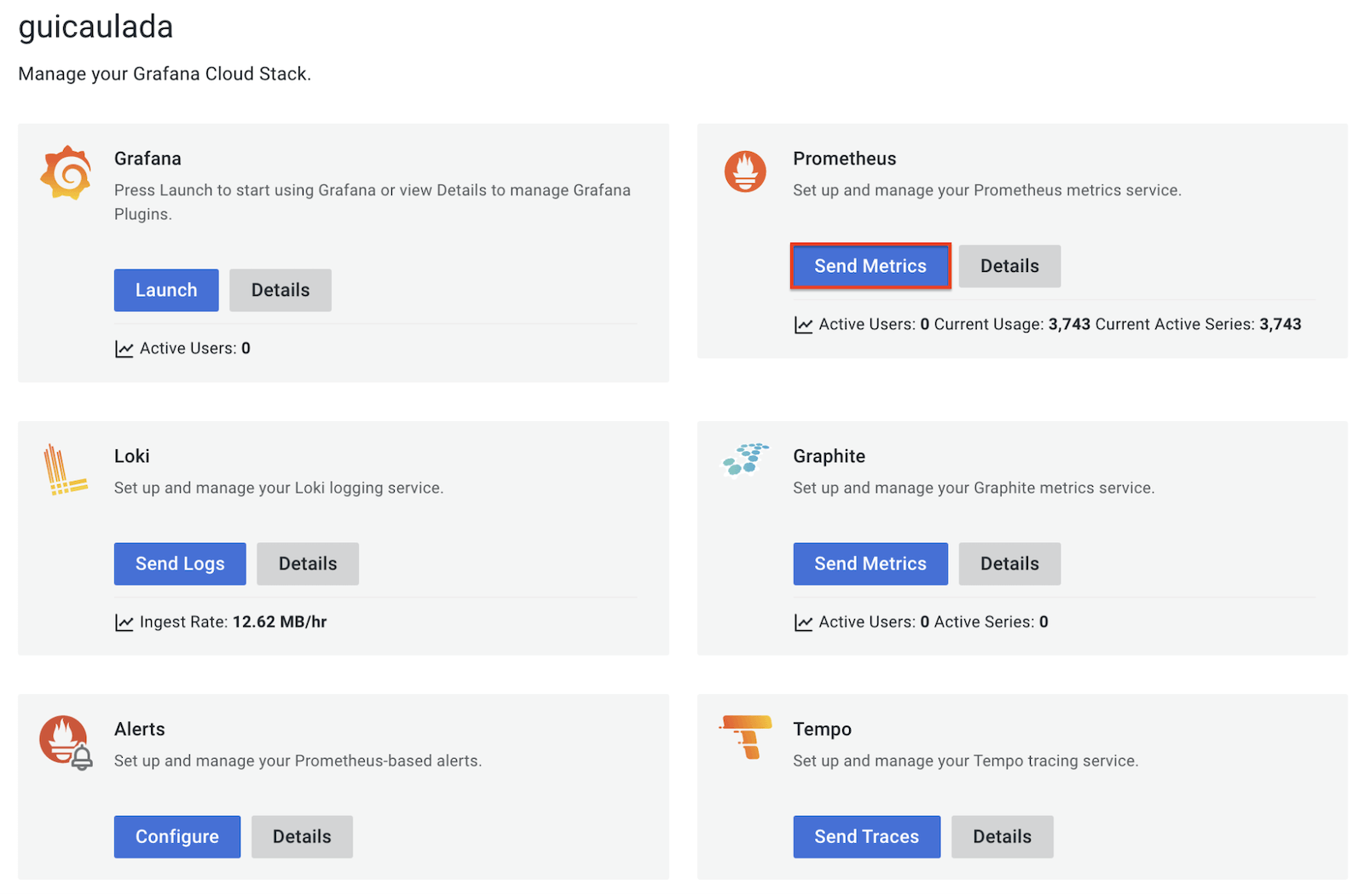 A screenshot of the Grafana Cloud Stack management window