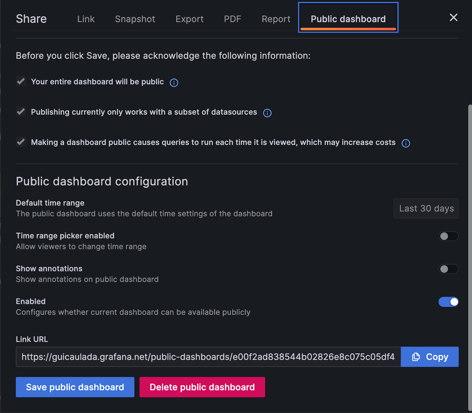 A screenshot of the Share menu in Grafana, highlighting the Public dashboard option tab