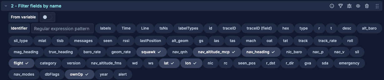 Filter fields by name menu