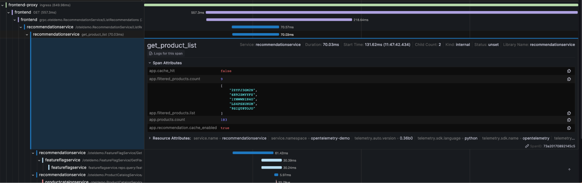 *The backend trace indicates an issue hitting the cache for the recommendation service.* Traces correlated with frontend performance metrics in Frontend Observability.
