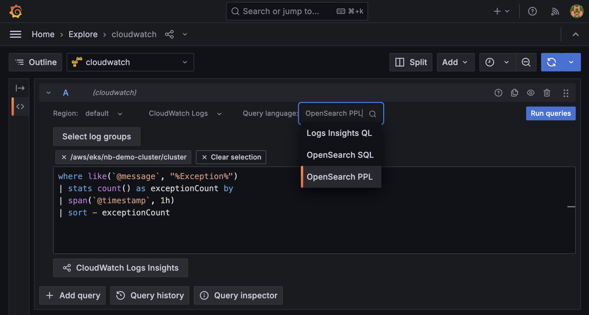 Screenshot of AWS CloudWatch plugin in Grafana