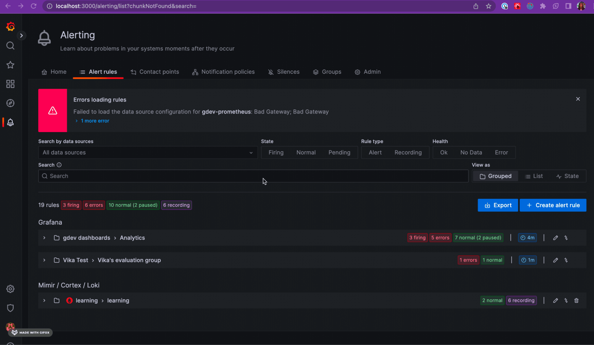 *Search for and display alert rules for multiple data sources at the same time!* A Grafana Alerting dashboard displays alert rules for multiple data sources.
