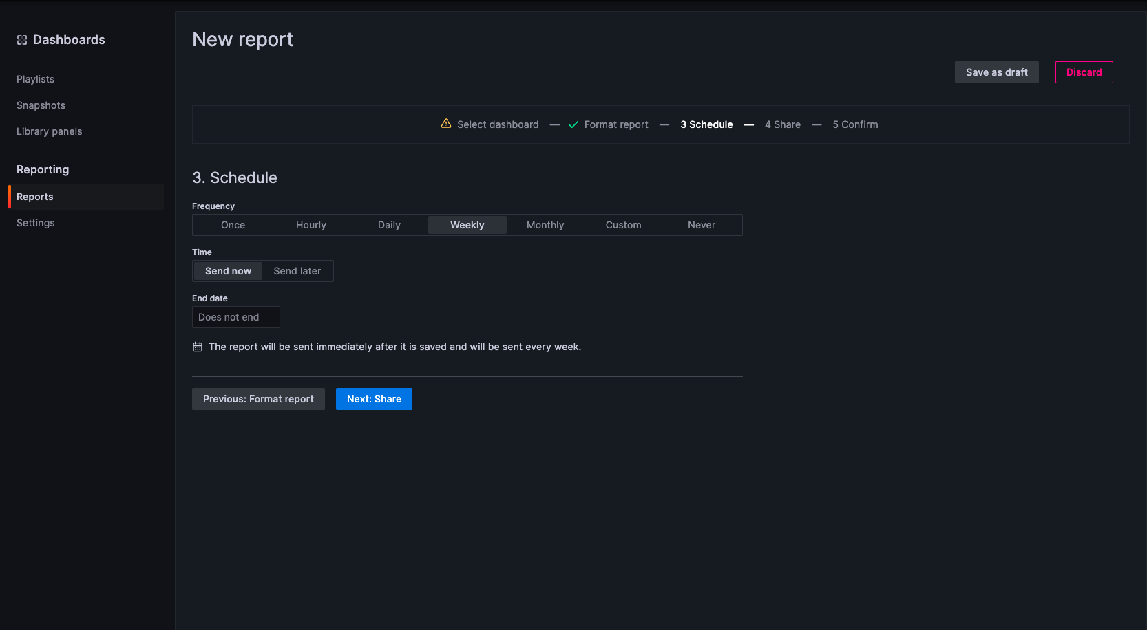 *Take advantage of our updated reporting UI, designed to align with the new navigation style. You'll notice a new horizontal slider and more intuitive placement of the Preview and Send buttons in the Action section of the page.* A Grafana dashboard displays the new reporting UI.