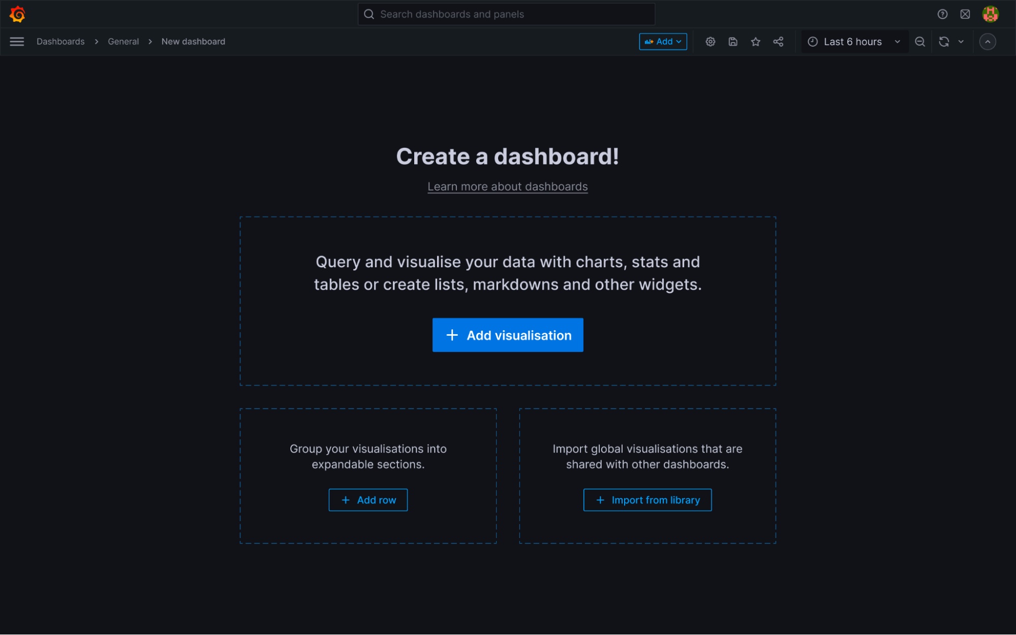 *Explore the redesigned empty dashboard state, featuring a clearer layout and helpful explanations, for an intuitive and efficient start to your data visualization journey.* The redesigned empty dashboard page features boxes to add visualizations, group visualizations, and import visualizations from shared dashboards.