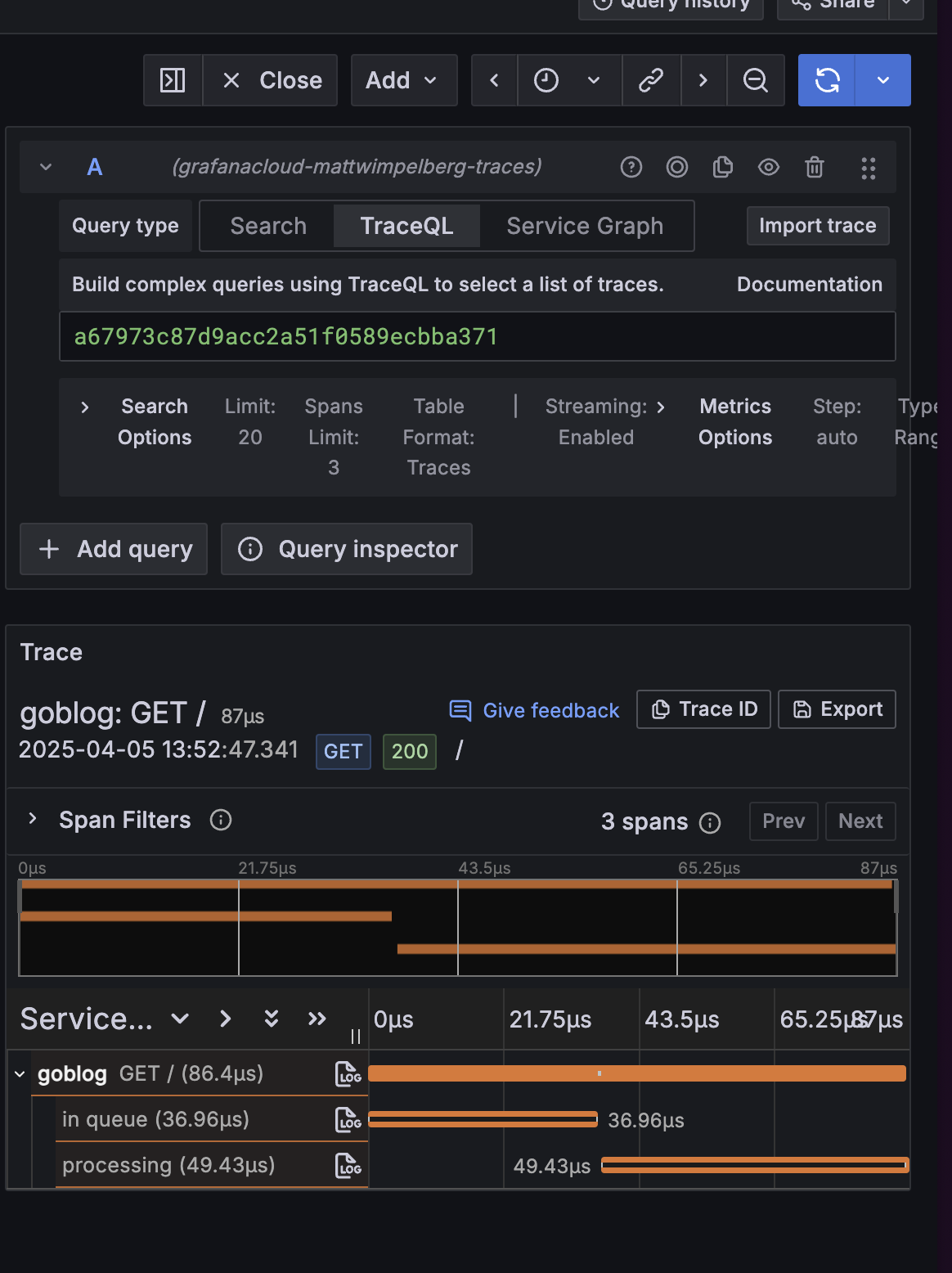 A screenshot of Grafana Cloud Traces.