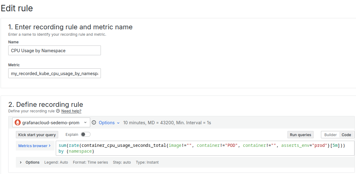 A screenshot showing how to enter a recording rule and metric name.