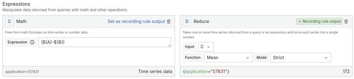 A screenshot of an expression expression showing the Set as recording rule output action link.