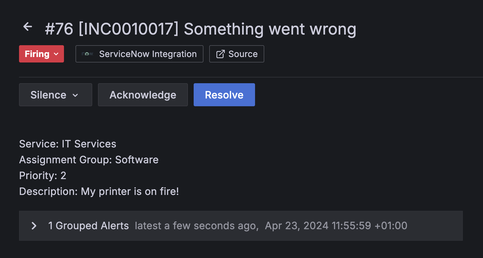 Corresponding alert group in Grafana OnCall