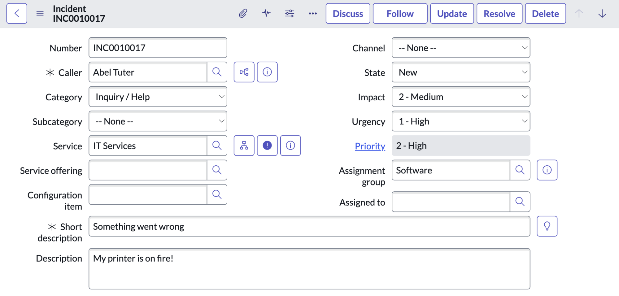 ServiceNow UI incident menu