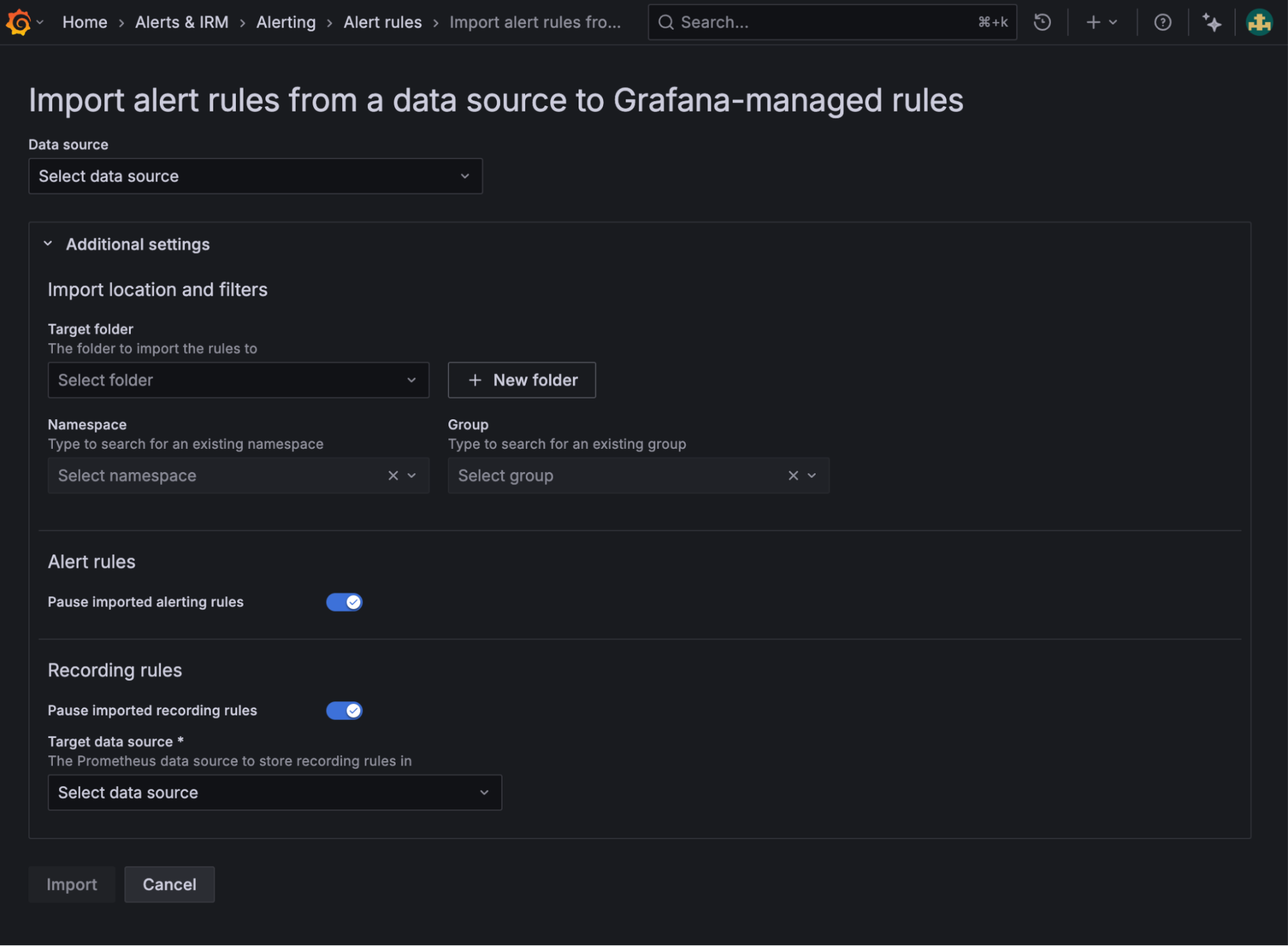 Import alert rules menu in Grafana