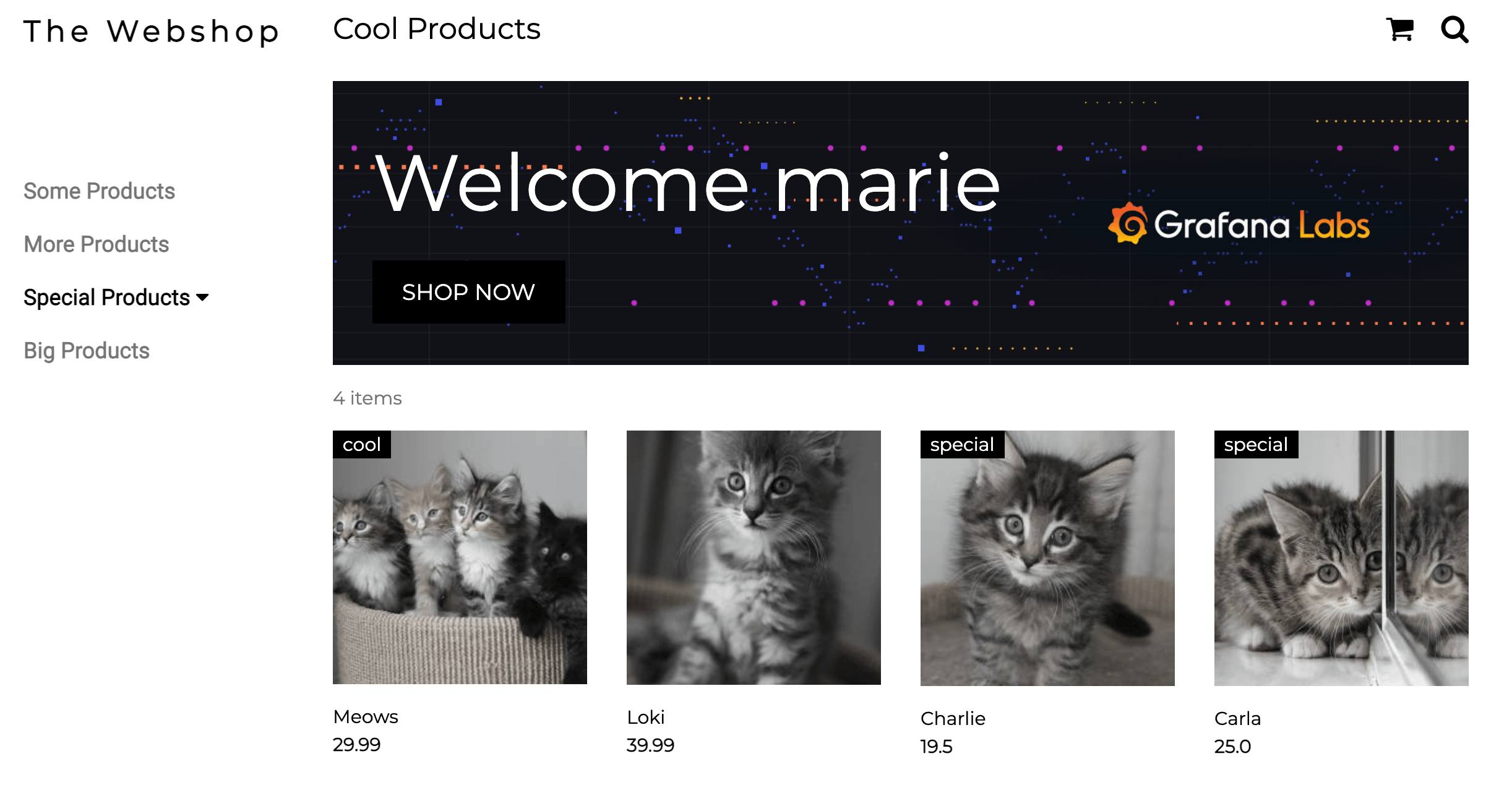 *The Webshop application, containing various cute kittens as special products.* A screenshot of the Webshop application, containing various cute kittens as special products.