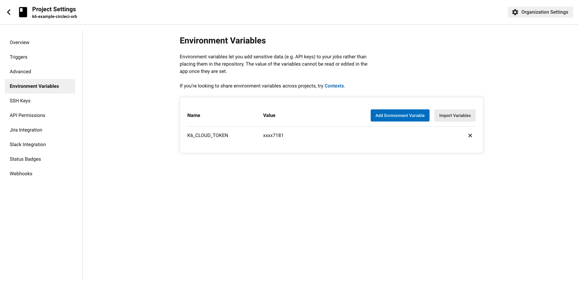 CircleCI Environment Variable for k6 API token and k6 project ID.