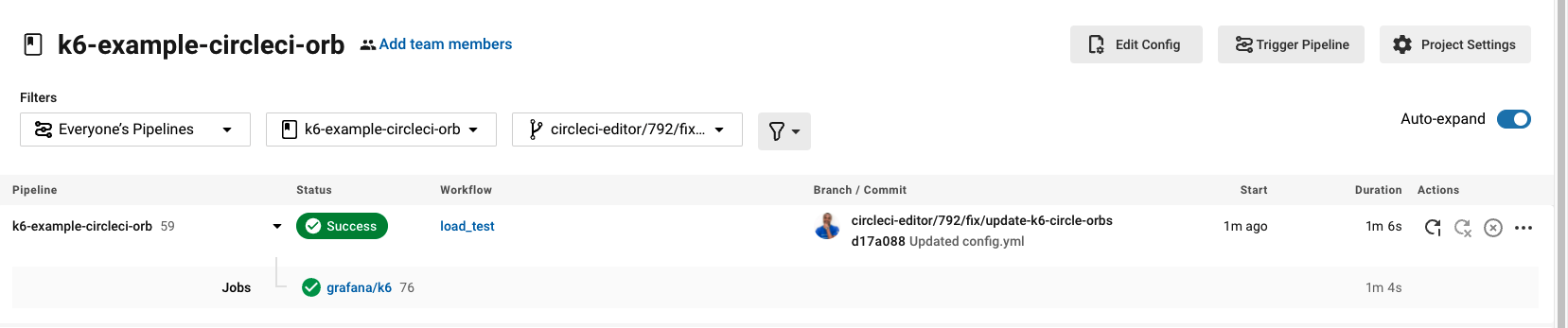 CircleCI successful execution of a performance test.