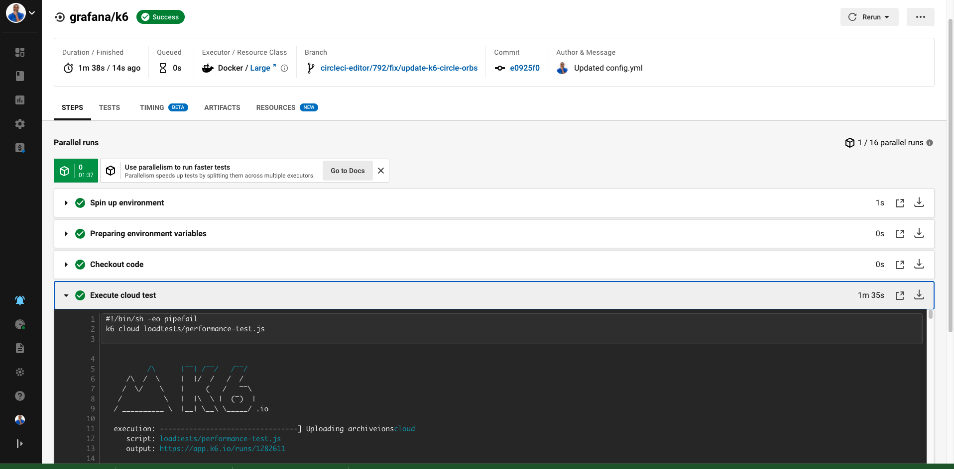 CircleCI job running a k6 cloud test.