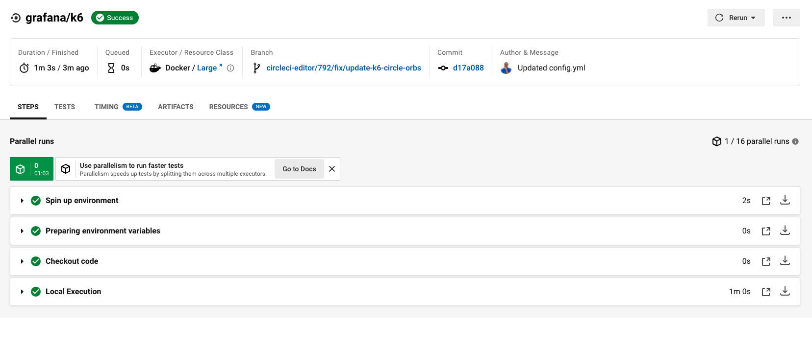CircleCI successful build with a performance test.