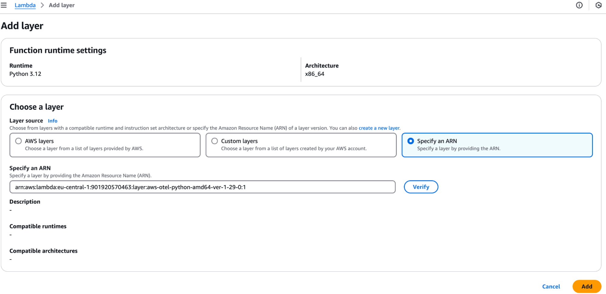 Choosing a layer with a specific ARN in Lambda
