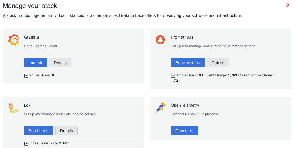 Manage your stack tiles in Grafana Cloud