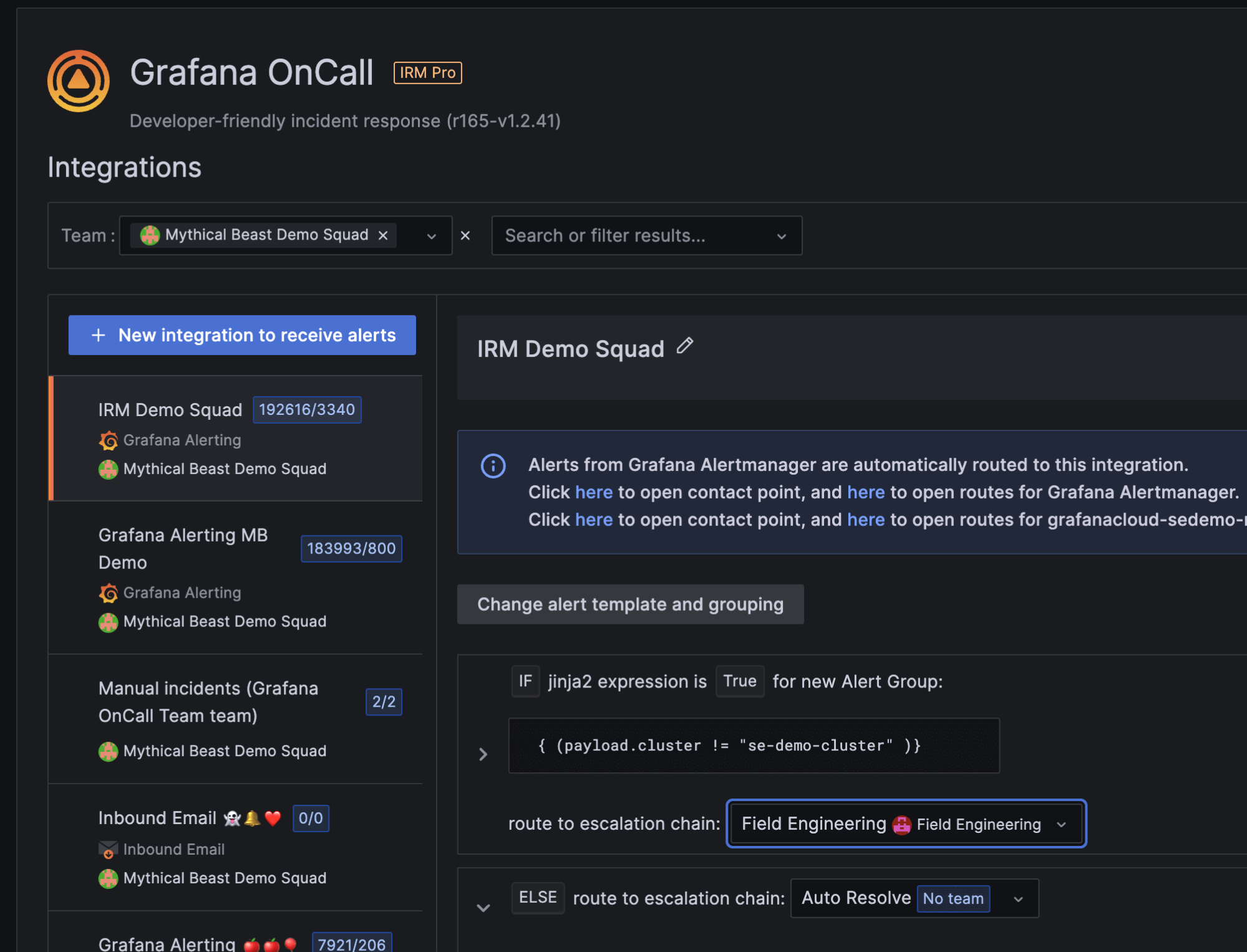 *Here you can see the integrations that belong to the Mythical Beast Demo Squad team and how you can configure one of the integrations to route to an escalation chain that is in the Field Engineering team.* A screenshot shows the integrations that belong to the Mythical Beast Demo Squad team and how you can configure one of the integrations to route to an escalation chain that is in the Field Engineering team.