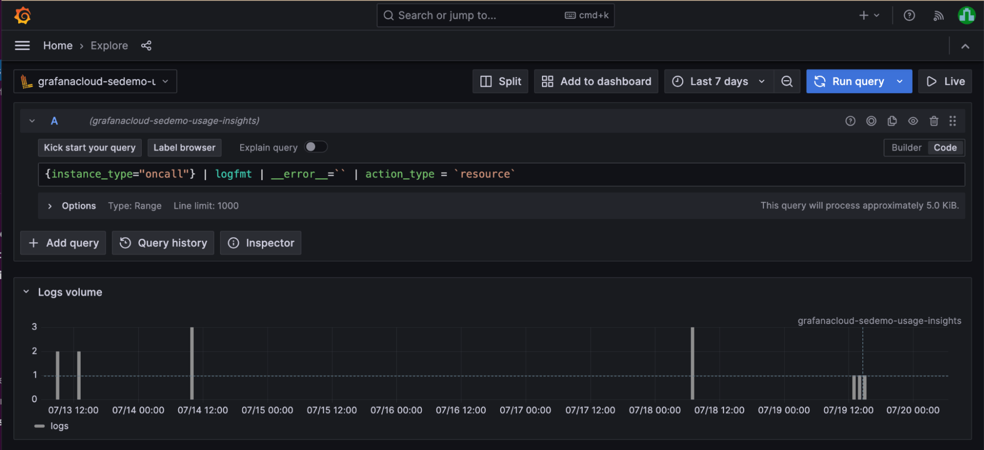 A screenshot of a log query