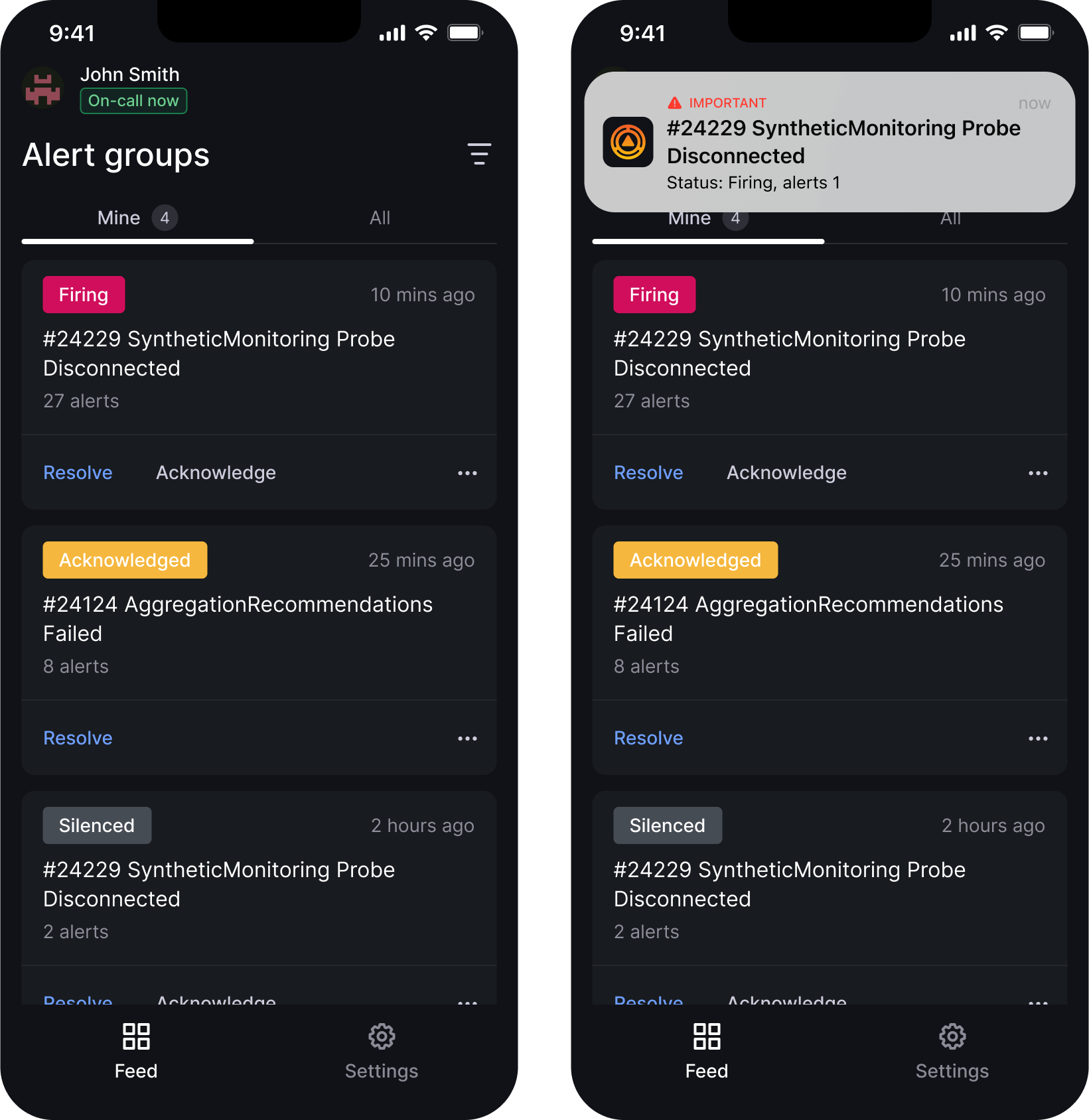 *An example of the Grafana OnCall app’s alert groups list and push notification* Two screenshots of UI in the Grafana OnCall app.