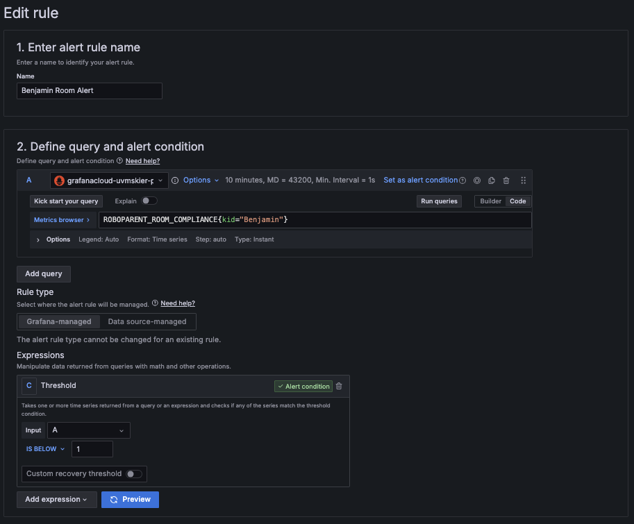 A screenshot of setting an alert rule.
