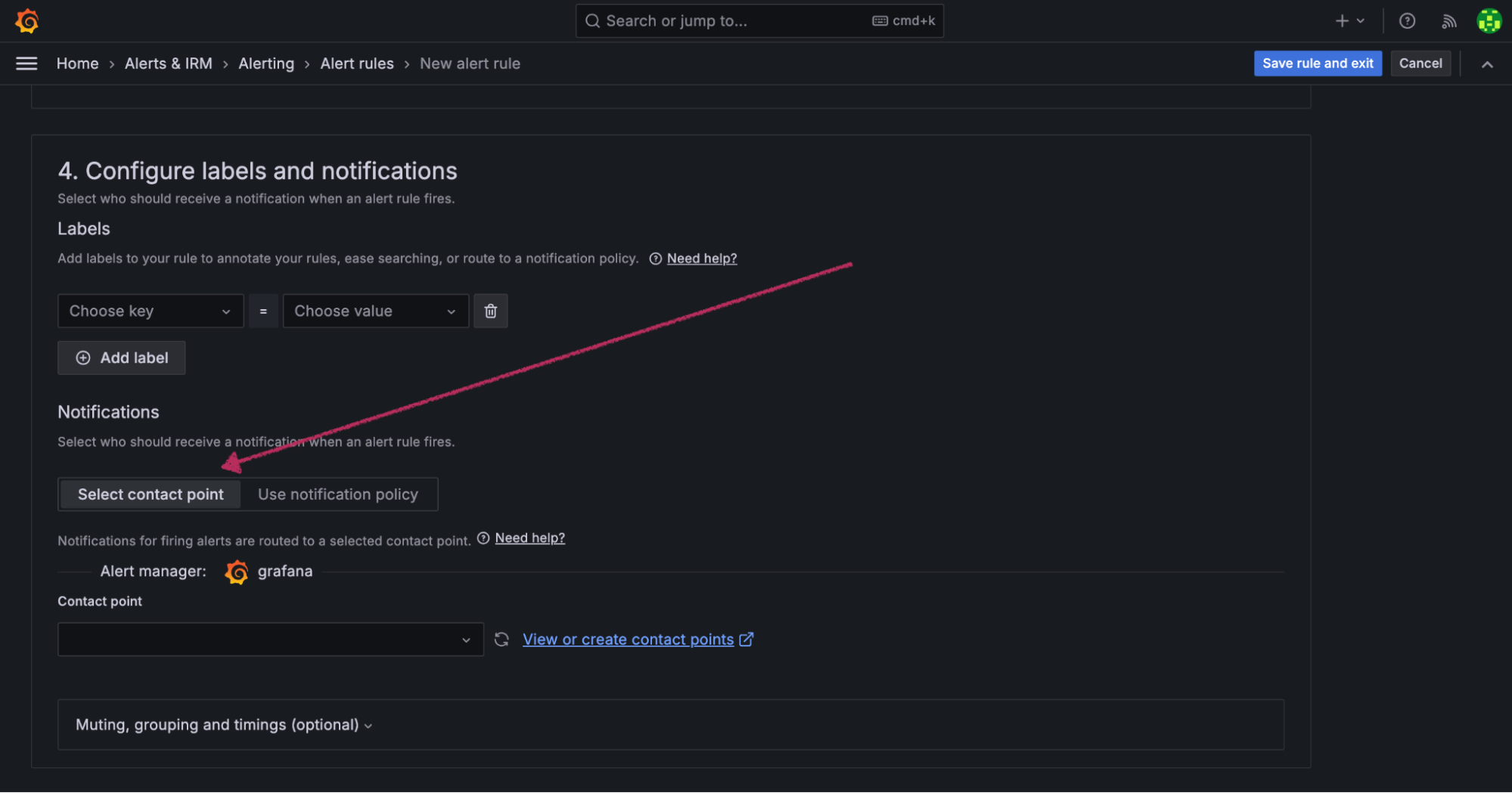 A screenshot showing how to select a contact point.