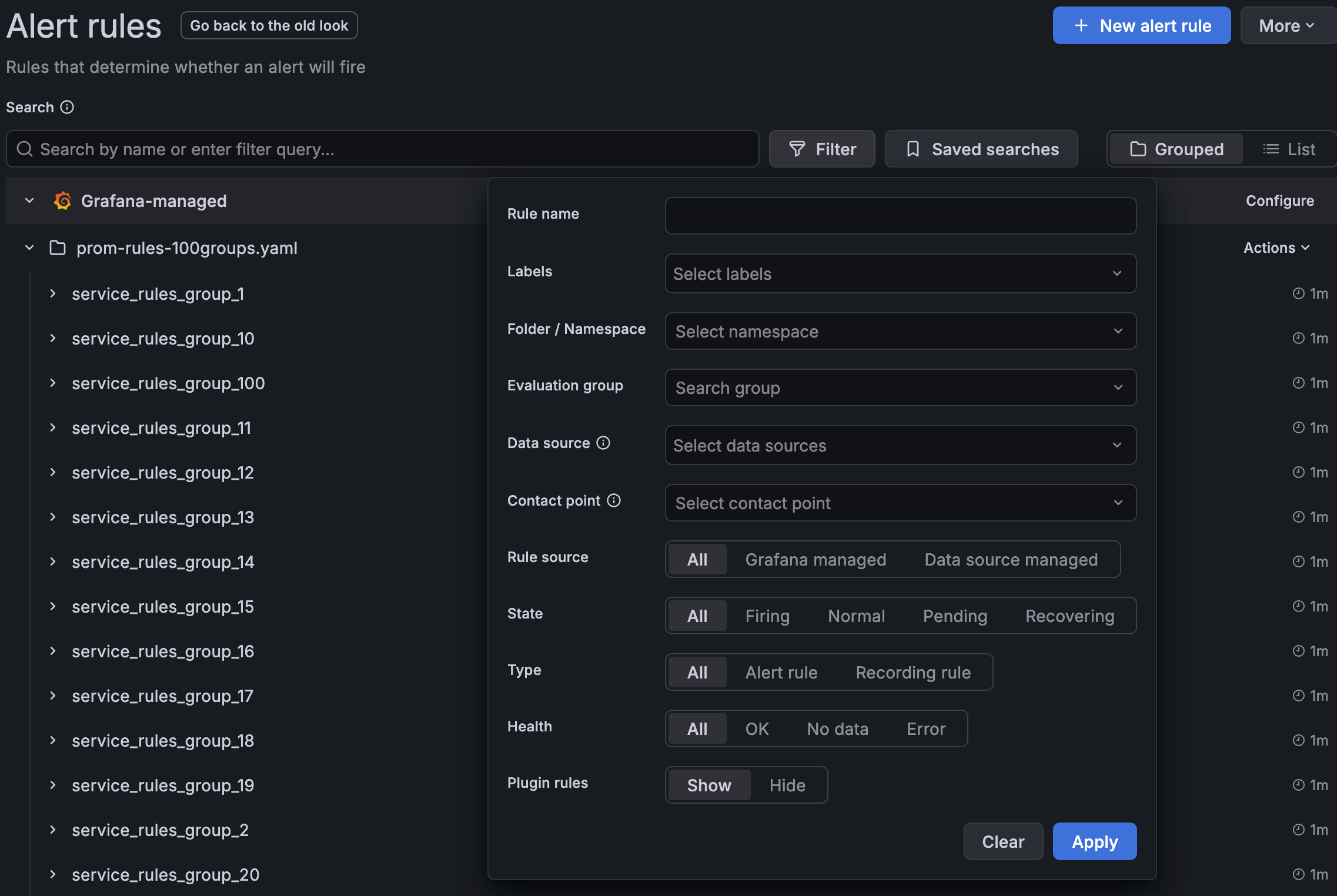 Alert rule filter options