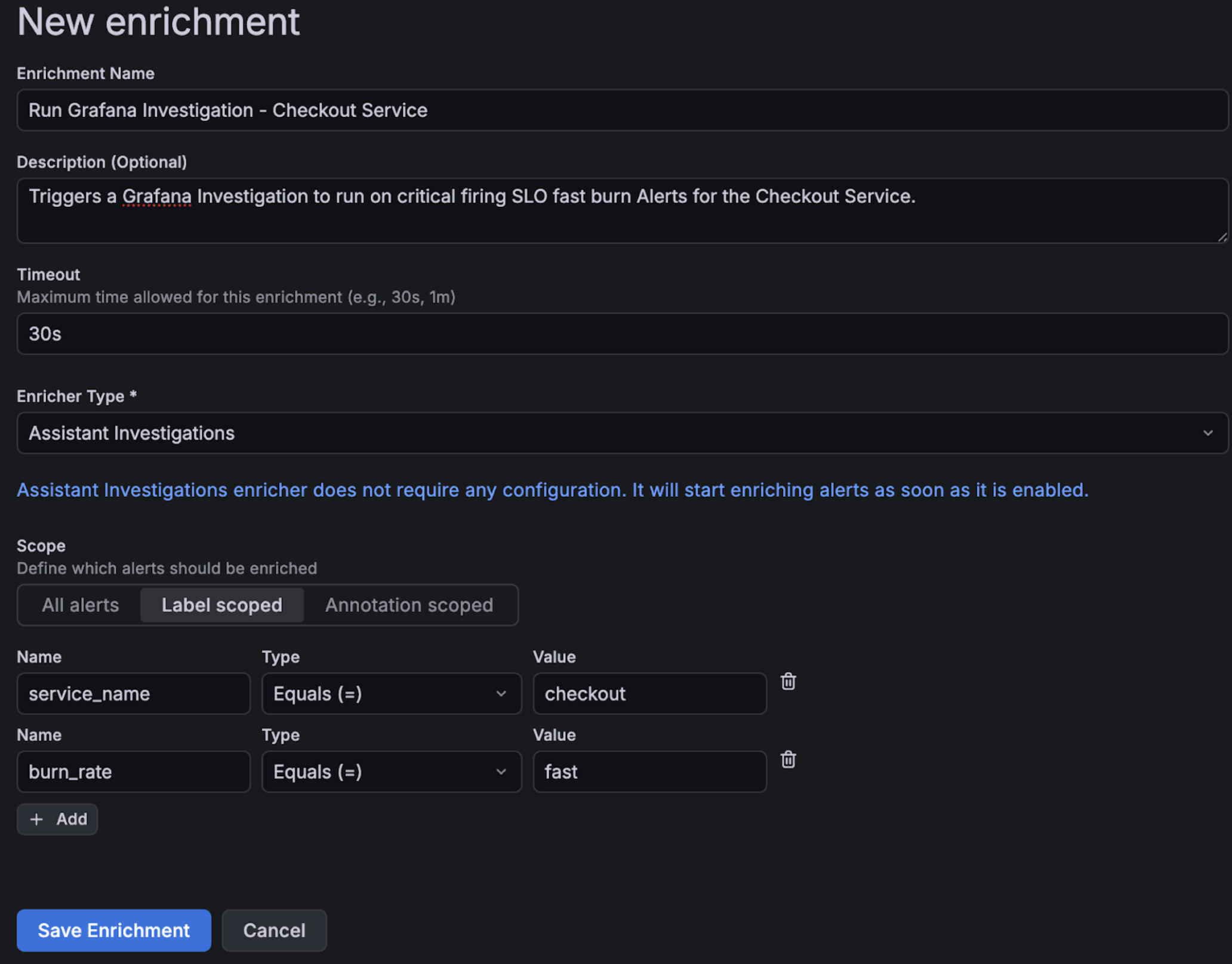 A completed example of the New enrichment wizard