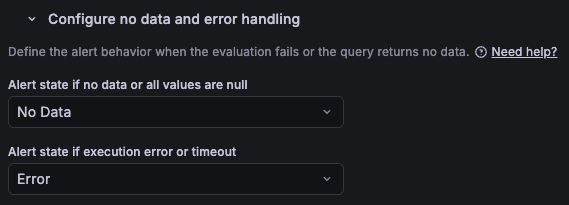 A screenshot of the configure no data and error handling section in the alert rule form.