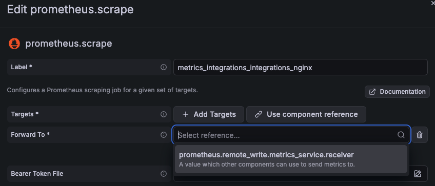 A form in the Alloy component editor in the Fleet Management interface where a dropdown menu lists available components that can be referenced.