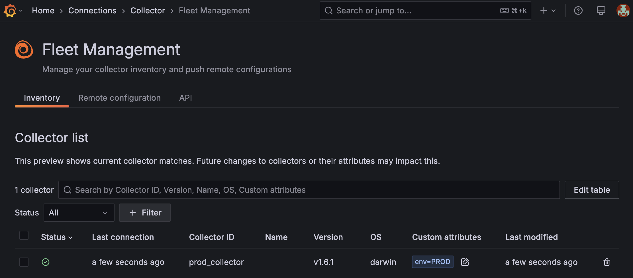 The Inventory screen in the Fleet Management interface in Grafana Cloud which shows that a new collector called `prod_collector` is registered with attribute `env=PROD`, has a healthy status, and was last modified a few seconds ago.