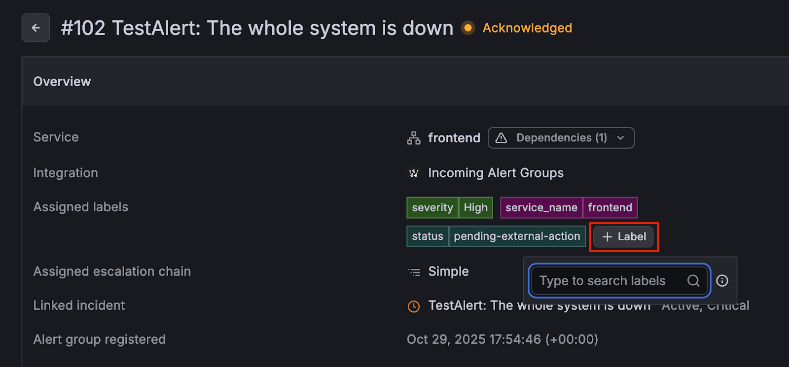 Screenshot showing how to search and add a label to an alert group
