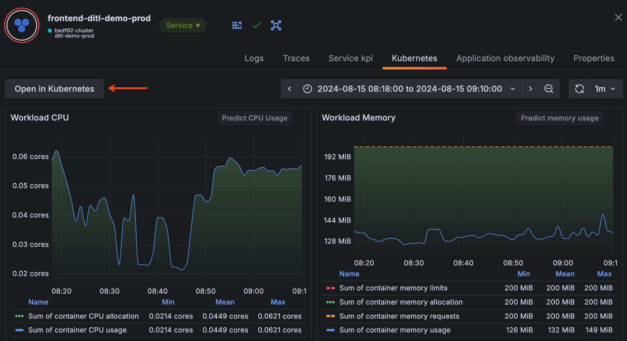 Open in Kubernetes button shown in the Kubernetes dashboard